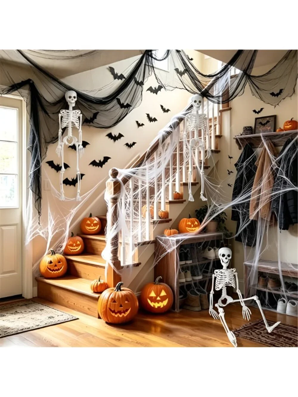 3 Pack 36in Halloween Skeletons,5 Pack 30x72in Black Creepy Cloth,300